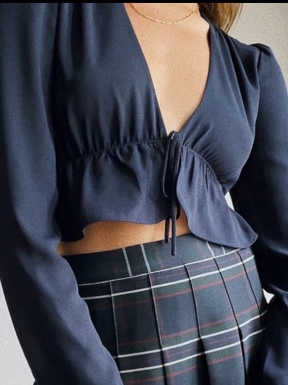 Sunday Best Kimberly Navy Tie-Front Long-Sleeve Crop Top - Picture 2 of 3